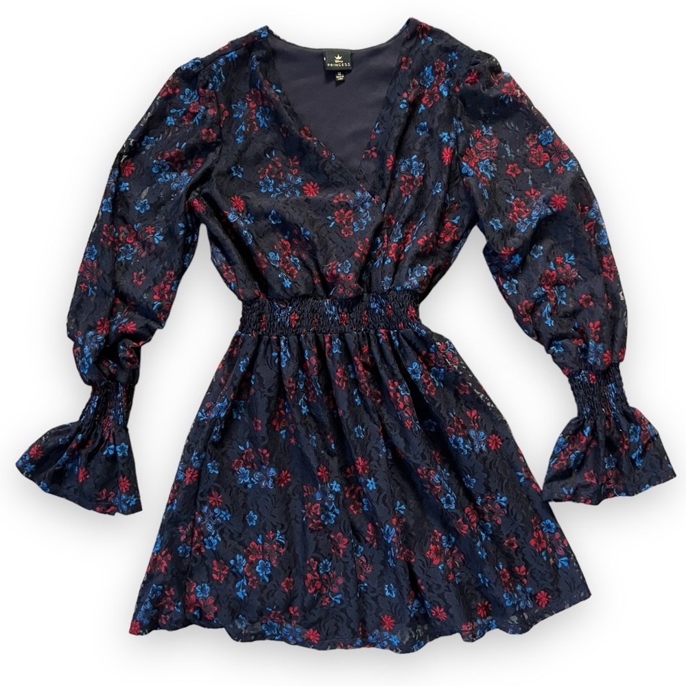 Disney Princess Mulan Red and Blue Long Sleeve Dress Smocked Waist